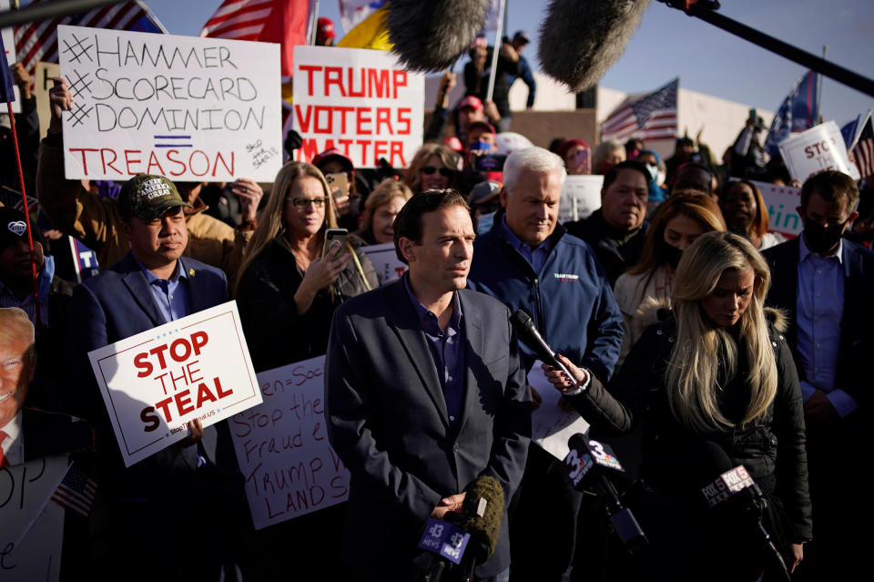 Then Nevada Attorney General Adam Laxalt speaks during a news conference outside of the Clark County Election Department in North Las Vegas on Nov. 8, 2020.<span class="copyright">John Locher—AP</span>