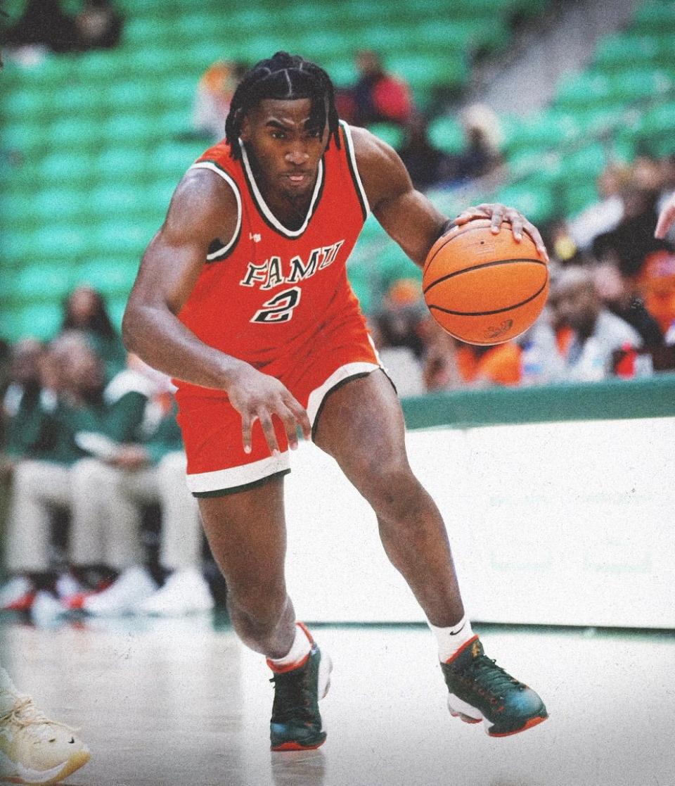 Florida A&M University guard Jordan Chatman (2) handles the ball against Albany State at Al Lawson Center, Tallahassee, Florida, Monday, Nov. 21, 2022