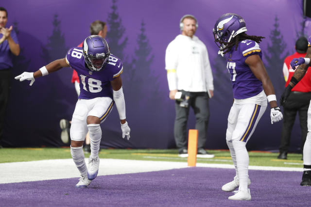 Minnesota Vikings wide receiver Justin Jefferson (18) watches against the  Pittsburgh Steelers during the first half of an NFL football game,  Thursday, Dec. 9, 2021, in Minneapolis. (AP Photo/Bruce Kluckhohn Stock  Photo - Alamy