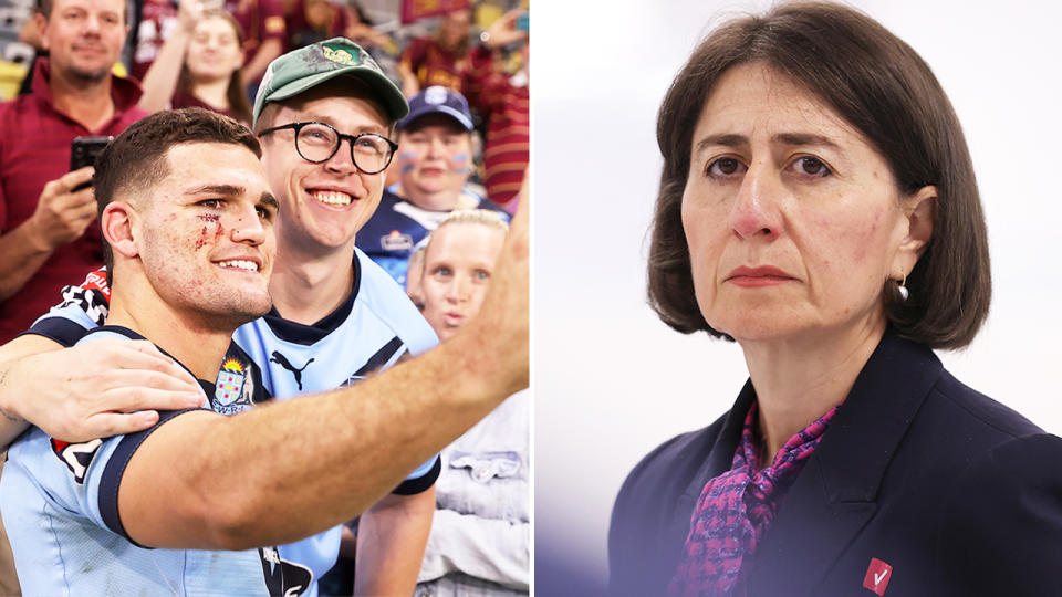 NSW Premier Gladys Berejiklian (pictured right) before a press conference and (pictured left) Nathan Cleary taking a photo with a fan.