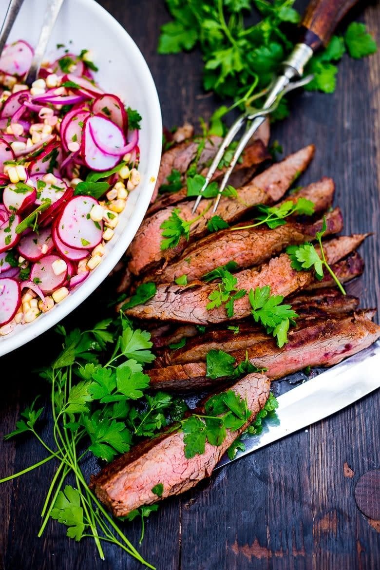 Grilled flank steak with corn and radish salad