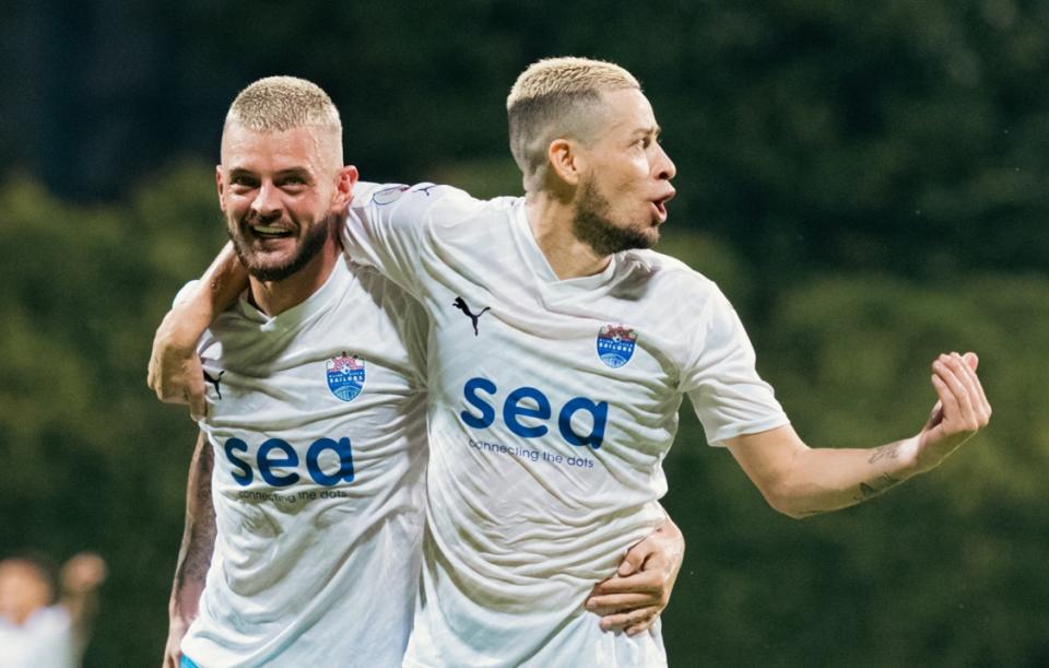 Lion City Sailors stalwarts Maxime Lestienne (left) and Diego Lopes celebrate their come-from-behind win over defending SPL champions Albirex Niigata. (PHOTO: SPL/Facebook)