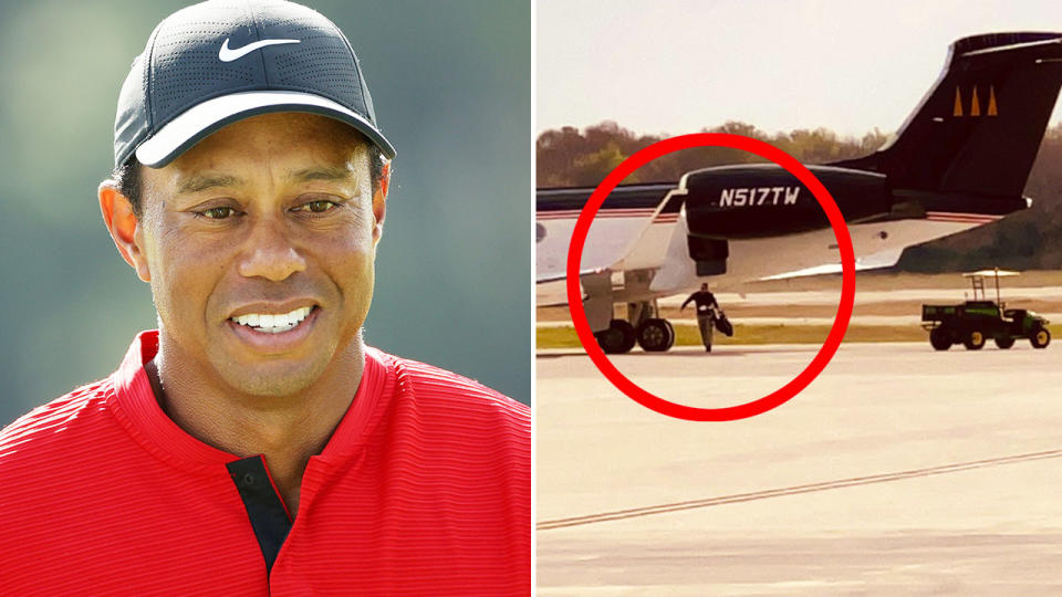 Speculation is rampant that Tiger Woods will be making a remarkable comeback at this year's Masters after being spotted touching down in Augusta. Pic: Getty/Twitter