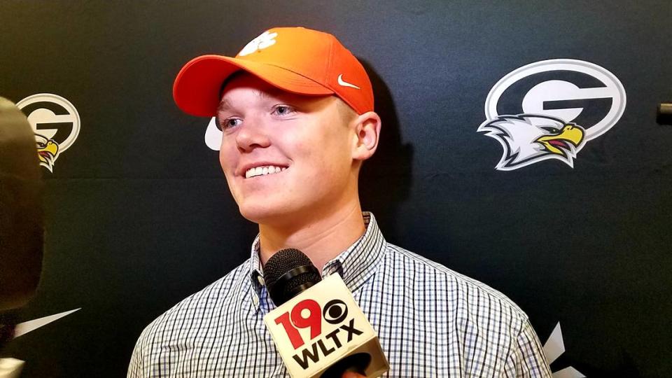 Gray Collegiate quarterback Hunter Helms takes questions from reporters after announcing he will be playing football at Clemson on Wednesday, Feb. 5, 2020.