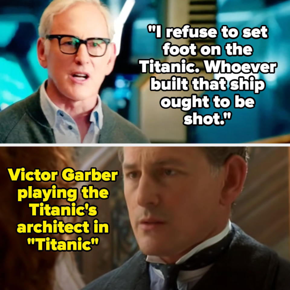 Dr. Martin Stein (played by Victor Garber) says, "Whoever built that ship ought to be shot" on Legends of Tomorrow, and then there's a photo of Victor playing the Titanic's architect in Titanic