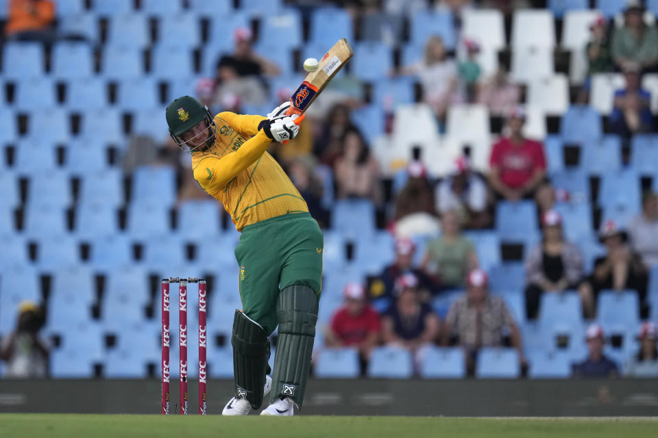 South Africa's batsman Heinrich Klaasen plays a shot during the second T20 cricket match between South Africa and West Indies, at Centurion Park, in Pretoria, South Africa, Sunday, March 26, 2023. (AP Photo/Themba Hadebe)