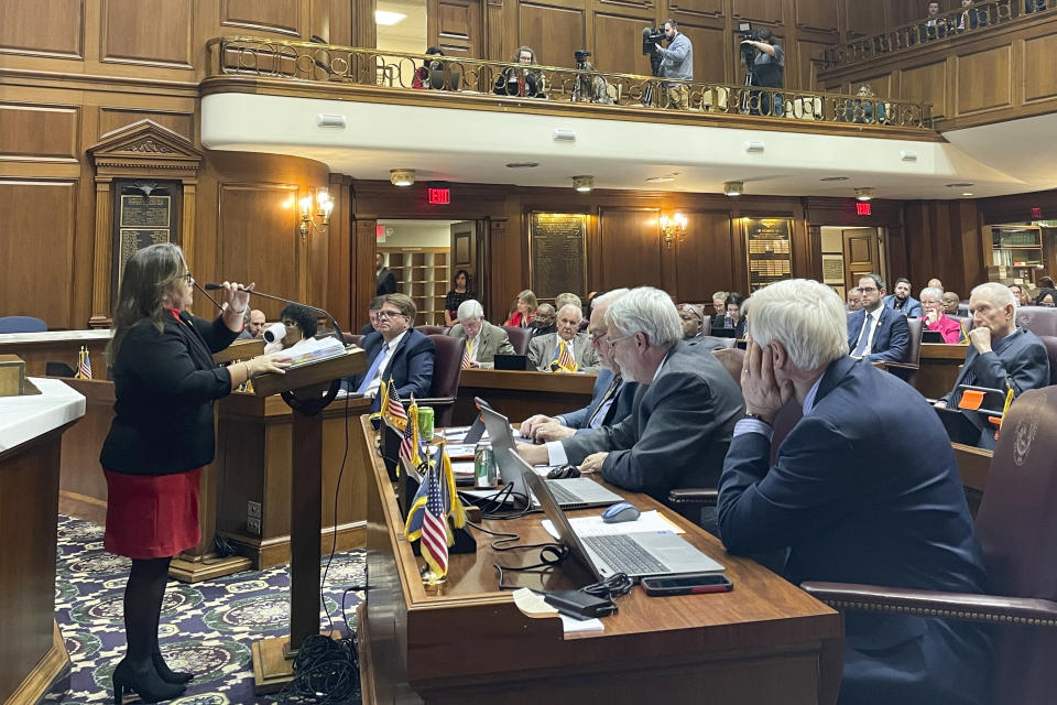 Indiana state Rep. Joanna King speaks before an Indiana House vote on a bill that would ban gender-affirming care for minors at the Indiana Statehouse on Monday, March 27, 2023, in Indianapolis. The Republican-dominated House voted 65-30 to ban such care. (AP Photo/Arleigh Rodgers)