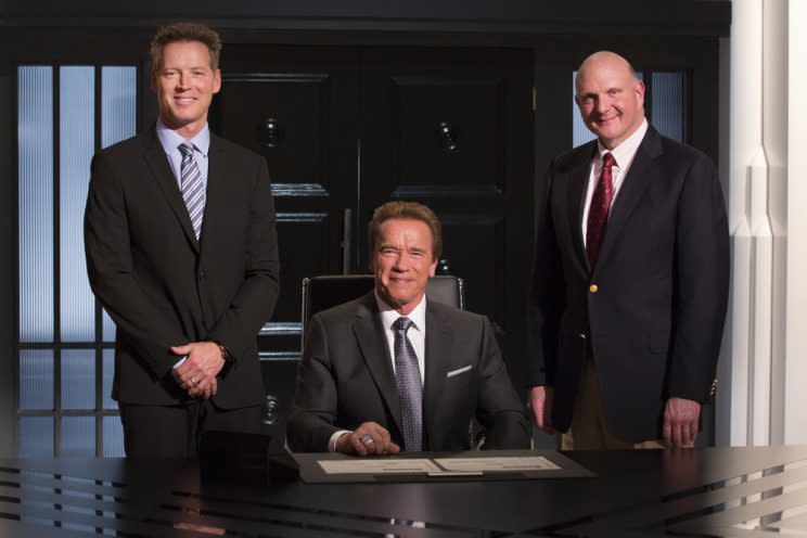 Patrick Knapp Schwarzenegger, Arnold Schwarzenegger, Clipper’s Steve Ballmer<br>(Photo by: Luis Trinh/NBC)