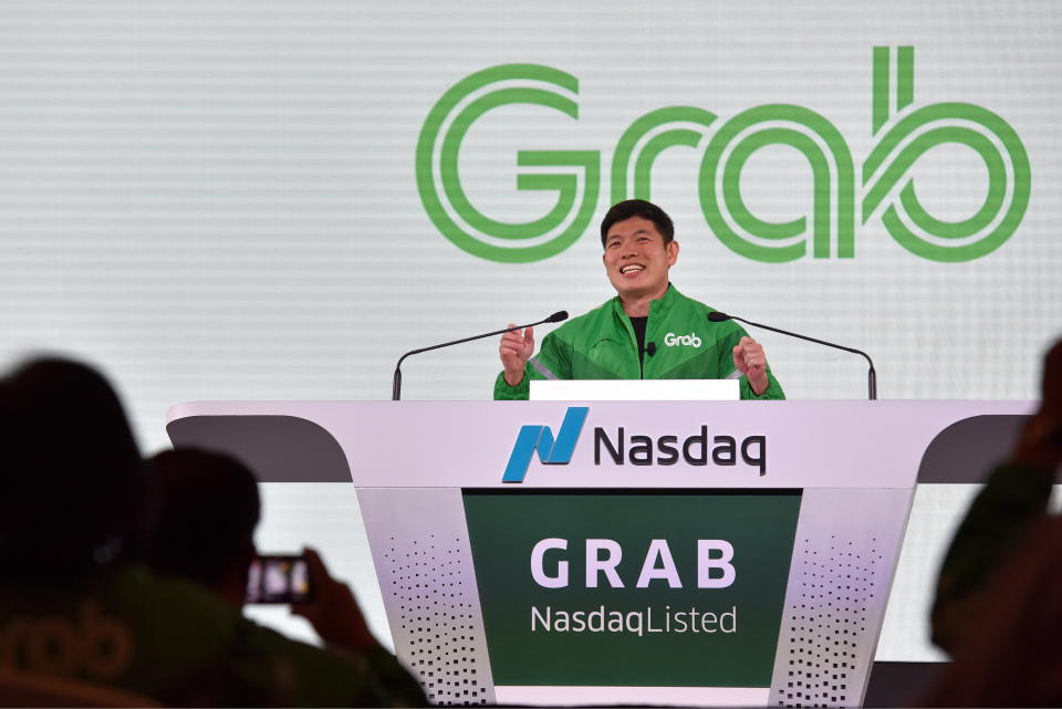 Grab's CEO Anthony Tan gives a speech before the Grab Bell Ringing Ceremony at a hotel in Singapore, December 2, 2021. REUTERS/Caroline Chia