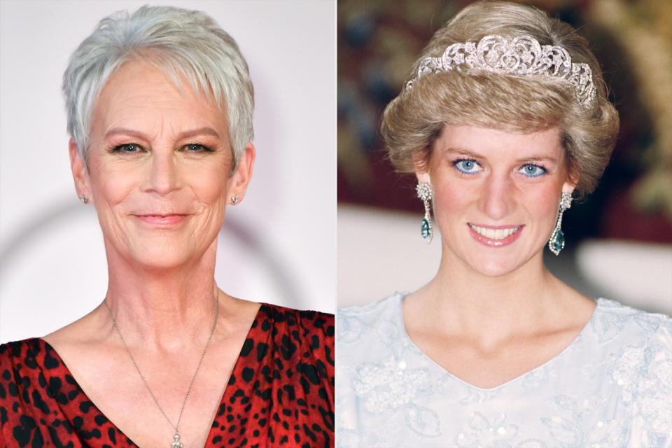 Jamie Lee Curtis attends the red carpet of the movie &quot;Halloween Kills&quot; during the 78th Venice International Film Festival on September 08, 2021 in Venice, Italy. (Photo by Stephane Cardinale - Corbis/Corbis via Getty Images); Princess Diana (1961 - 1997) wearing a Catherine Walker gown and the Spencer tiara at a banquet in Munich, November 1987. (Photo by Jayne Fincher/Princess Diana Archive/Getty Images)