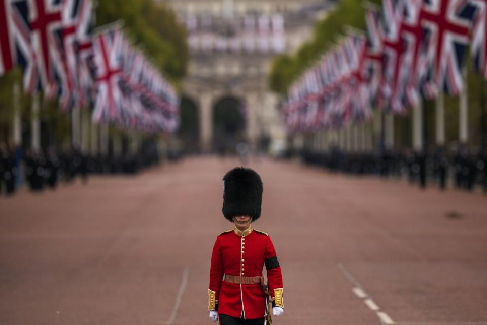 A guardsman takes his position ahead of the Queen Elizabeth II funeral in central London
