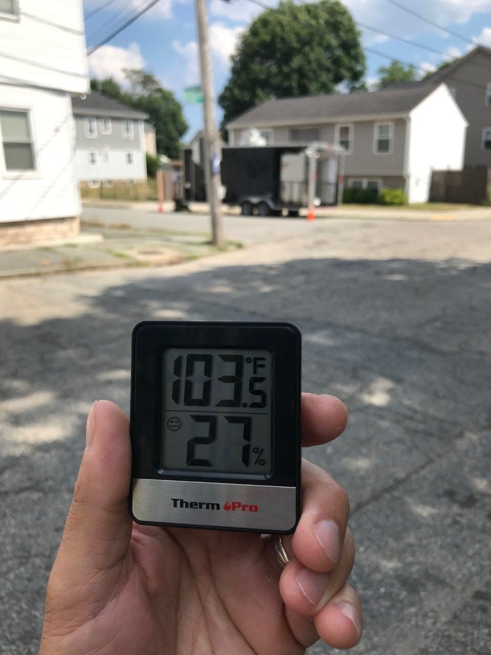 A thermometer reading on July 22 at the corner of Rugby Street and Pavilion Avenue in Lower South Providence was 103 degrees — 10 degrees higher than the official temperature for the city.