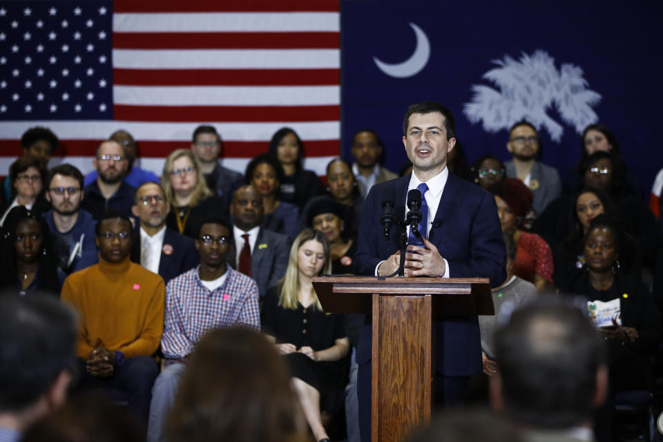 Democratic presidential candidate former South Bend, Ind., Mayor Pete Buttigieg speaks during a campaign event, Monday, Feb. 24, 2020, in North Charleston, S.C. (AP Photo/Matt Rourke)