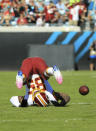 <p>Vernon Davis #85 of the Washington Redskins rolls over after having a pass broken up during the first half against the Jacksonville Jaguars at TIAA Bank Field on December 16, 2018 in Jacksonville, Florida. (Photo by Sam Greenwood/Getty Images) </p>