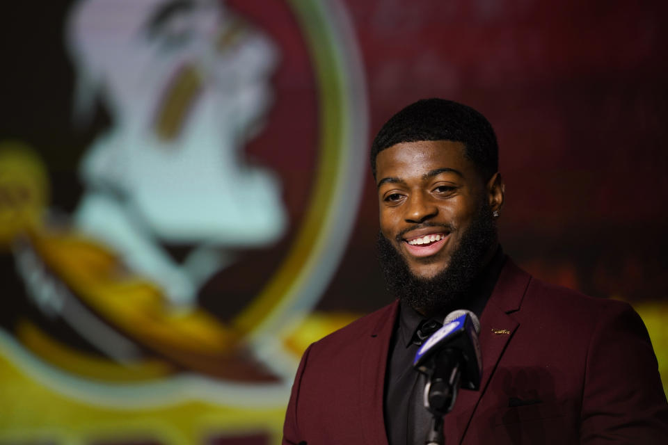 FILE - Florida State defensive lineman Jared Verse speaks during the Atlantic Coast Conference NCAA college football media days Wednesday, July 26, 2023, in Charlotte, N.C. Verse is a possible first round pick in the NFL Draft. (AP Photo/Erik Verduzco, File)