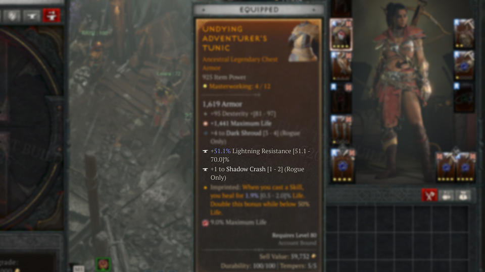 Diablo 4 item tooltip with Tempering stats highlight and other stats blurred out