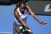 Coco Gauff of the United States practices on Rod Laver Arena ahead of the Australian Open tennis championships at Melbourne Park, Melbourne, Australia, Thursday, Jan. 11, 2024. (AP Photo/Mark Baker)