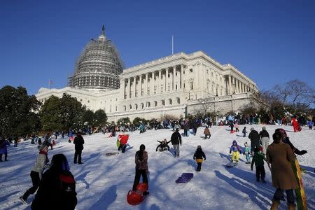 People sled and play in the snow on the hill below the U.S. Capitol in Washington January 24, 2016. REUTERS/Jonathan Ernst