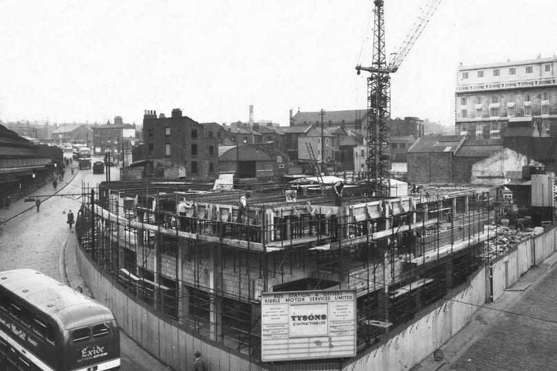 A view of the new Ribble bus station site looking up Skelhorne Street from Lime Street, with the Adelphi Hotel seen on the right, and a glimpse of Lime Street Station on the left. July 30, 1959