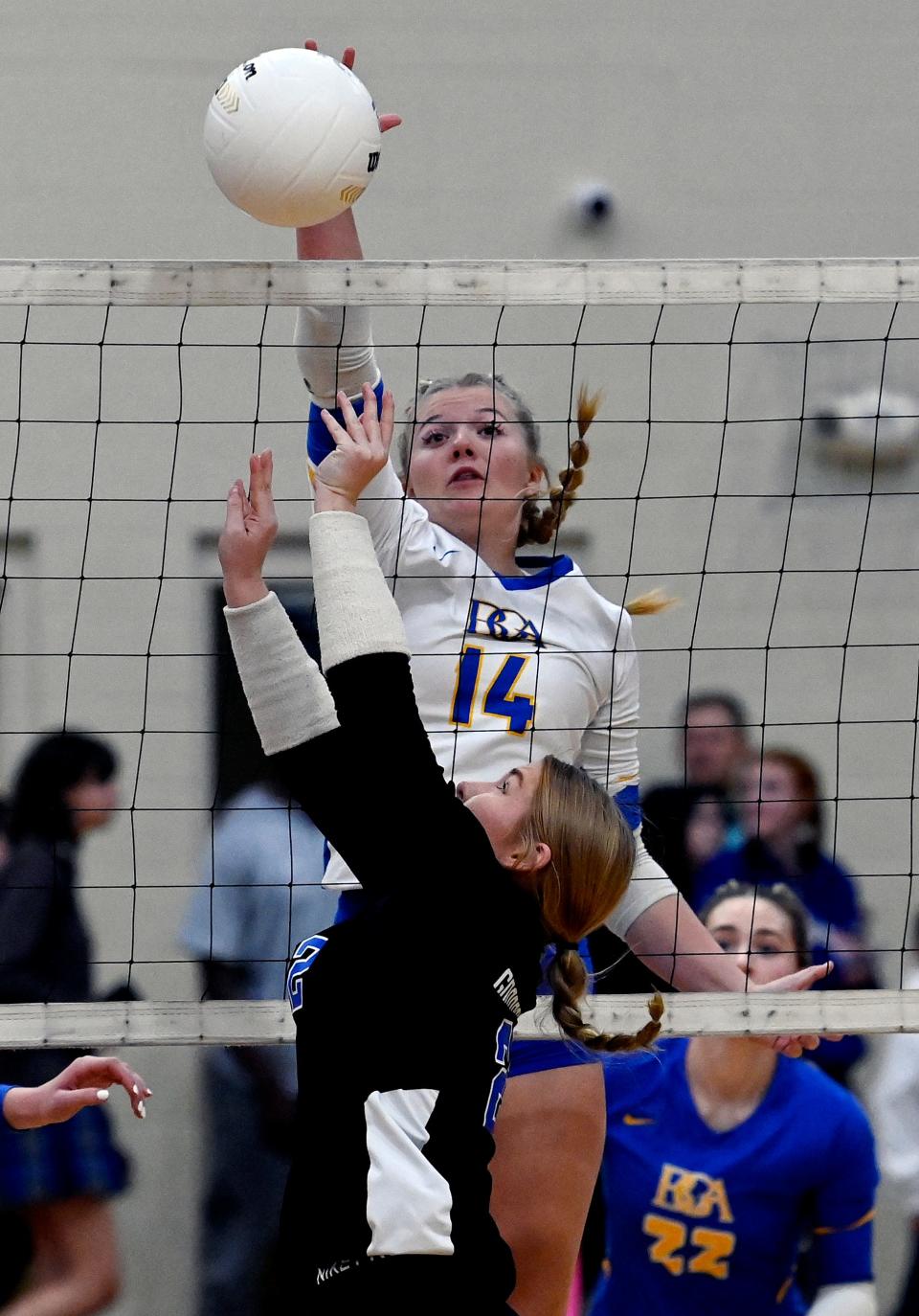 BGA’s Mackenzie Huntington (14) blocks a shot against Goodpasture setter Adeline Hardcastle (22) during a high school Division II-A State girls volleyball championship game on Thursday, Oct. 20, 2022, in Murfreesboro, Tenn.  