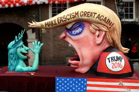 DUESSELDORF, GERMANY - FEBRUARY 08: A carnival float mocking US Republican presidential candidate Donald Trump stands on display near city hall on February 8, 2016 in Duesseldorf, Germany. Today's Rose Monday parade, the highlight of western Germany's carnival season, has been cancelled due to weather predictions that include high winds. (Photo by Sascha Steinbach/Getty Images)