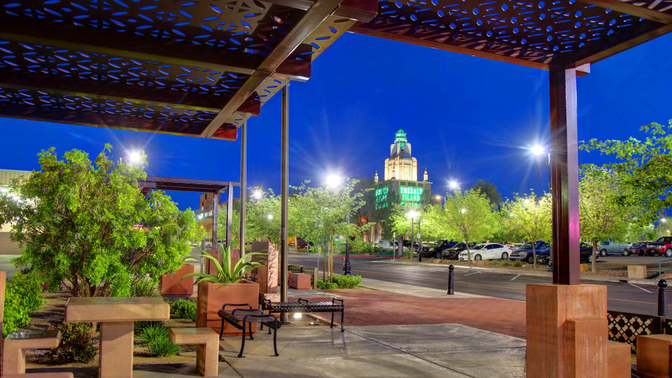 Henderson, Nevada, USA - April 6, 2019:  Evening view of the Emerald Island Casino along Market Street in the downtown district.