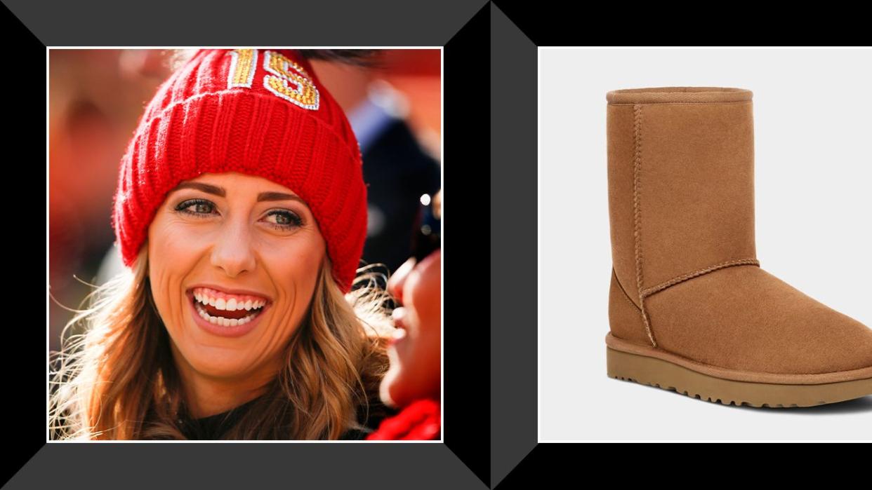 brittany mahomes wearing kansas city winter hat, ugg boots