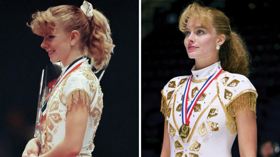 Tonya Harding, left, performing in the fall Skate America figure skating competition held in 1991 at the Oakland-Alameda County Arena in Oakland, California. <span class="caas-xray-inline-tooltip"><span class="caas-xray-inline caas-xray-entity caas-xray-pill rapid-nonanchor-lt" data-entity-id="Margot_Robbie" data-ylk="cid:Margot_Robbie;pos:2;elmt:wiki;sec:pill-inline-entity;elm:pill-inline-text;itc:1;cat:Actor;" tabindex="0" aria-haspopup="dialog"><a href="https://search.yahoo.com/search?p=Margot%20Robbie" data-i13n="cid:Margot_Robbie;pos:2;elmt:wiki;sec:pill-inline-entity;elm:pill-inline-text;itc:1;cat:Actor;" tabindex="-1" data-ylk="slk:Margot Robbie;cid:Margot_Robbie;pos:2;elmt:wiki;sec:pill-inline-entity;elm:pill-inline-text;itc:1;cat:Actor;" class="link ">Margot Robbie</a></span></span> as Tonya Harding in <i>I, Tonya</i>.<span class="copyright">Tonya: David Madison—Getty Images; Margot: Alamy</span>