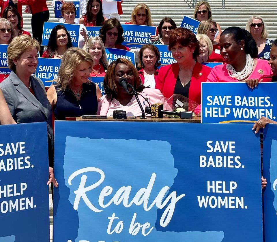 All five of Louisiana's women state senators oppose abortion rights. They lead an anti-abortion rally on the Louisiana Capitol steps Tuesday, May 10, 2022. Left to right are Sens. Sharon Hewitt, R-Slidell, Heather Cloud, R-Turkey Creek, Regina Barrow, D-Baton Rouge, Beth Mizell, R-Franklinton, and Katrina Jackson, D-Monroe.