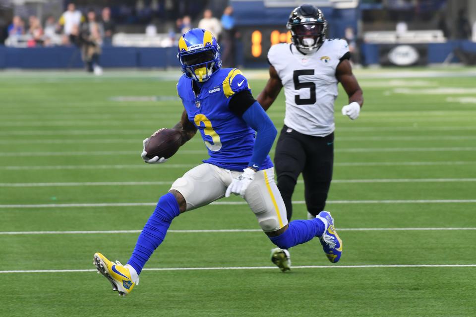 Dec 5, 2021; Inglewood, California, USA;  Los Angeles Rams wide receiver Odell Beckham Jr. (3) runs against the Jacksonville Jaguars in the first quarter at SoFi Stadium. Mandatory Credit: Richard Mackson-USA TODAY Sports