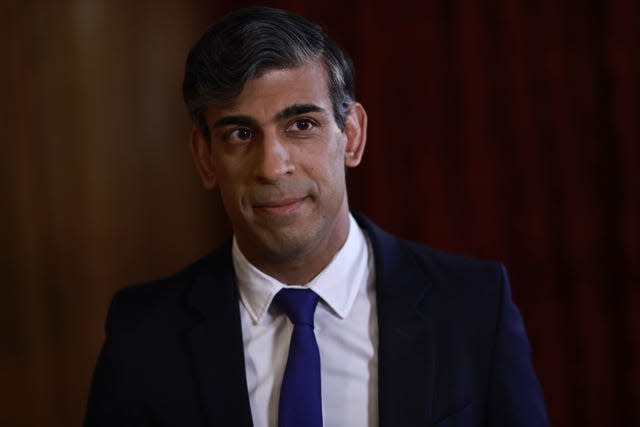 Prime Minister Rishi Sunak records a statement inside 10 Downing Street, London, after Iran launched an unprecedented attack on Israel that saw RAF jets deployed to shoot down drones from Tehran. Mr Sunak said “the fallout for regional stability would be hard to overstate” had Iran’s attack on Israel been successful, as he confirmed RAF pilots shot down “a number” of attack drones. Picture date: Sunday April 14, 2024.