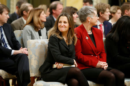 Chrystia Freeland looks on after being sworn-in as Canada's foreign affairs minister during a cabinet shuffle at Rideau Hall in Ottawa, Ontario, Canada, January 10, 2017. REUTERS/Chris Wattie