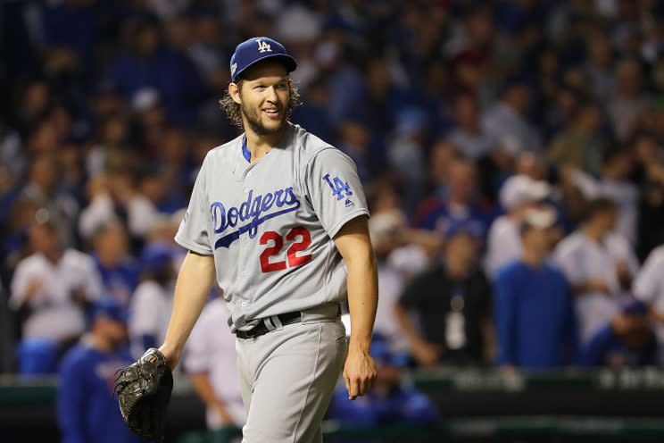 CHICAGO, IL - OCTOBER 16: Clayton Kershaw #22 of the Los Angeles Dodgers walks off the field after pitching the seventh inning against the Chicago Cubs during game two of the National League Championship Series at Wrigley Field on October 16, 2016 in Chicago, Illinois. (Photo by Jamie Squire/Getty Images)