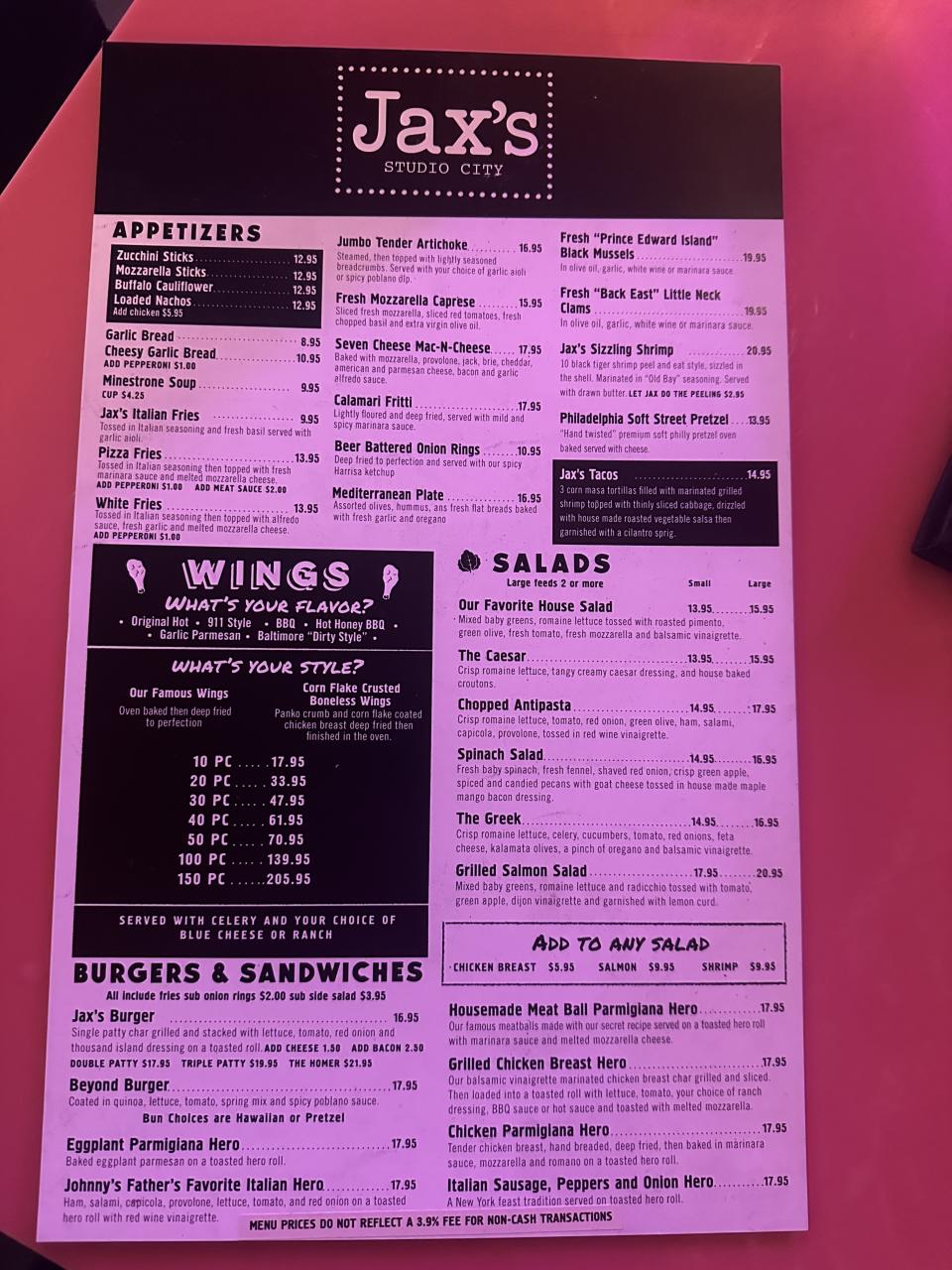 Menu from Jack's Studio City featuring appetizers, wings, salads, burgers, sandwiches, and specialty items