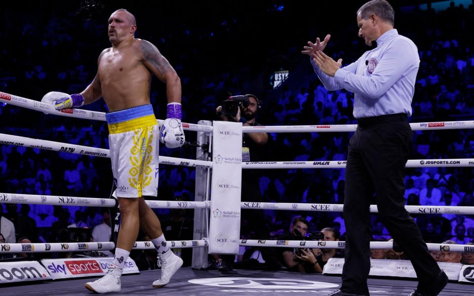 Oleksandr Usyk after receiving a low blow by Anthony Joshua - REUTERS