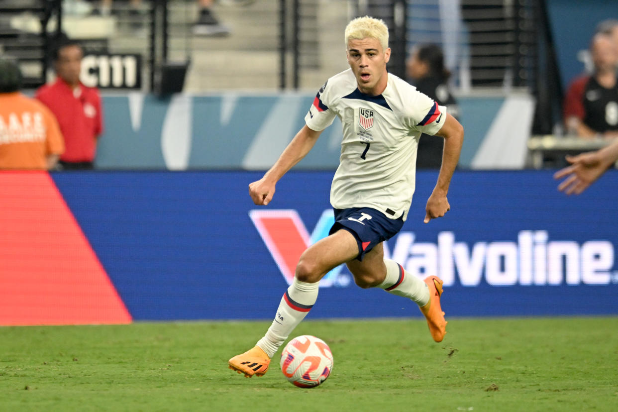 LAS VEGAS, NEVADA - JUNE 18: Gio Reyna #7 of the United States during the 2023 CONCACAF Nations League Final at Allegiant Stadium on June 18, 2023 in Las Vegas, Nevada. (Photo by Candice Ward/USSF/Getty Images for USSF)