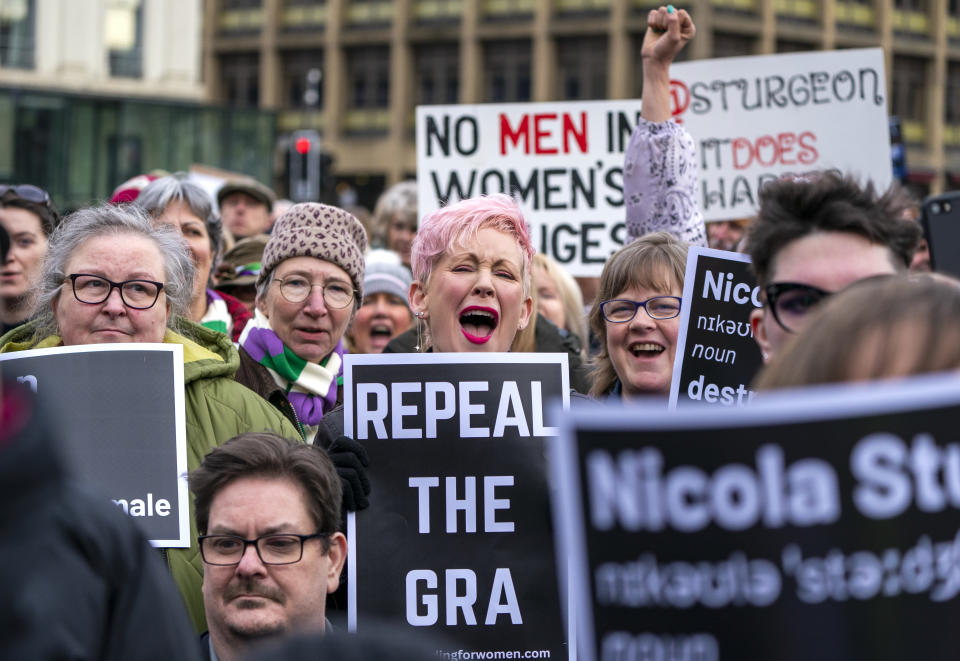 Demonstrators at a rally in Glasgow in February supporting the UK governement's use of a Section 35 order to block Scotland's Gender Recognition Reform Bill. (PA)