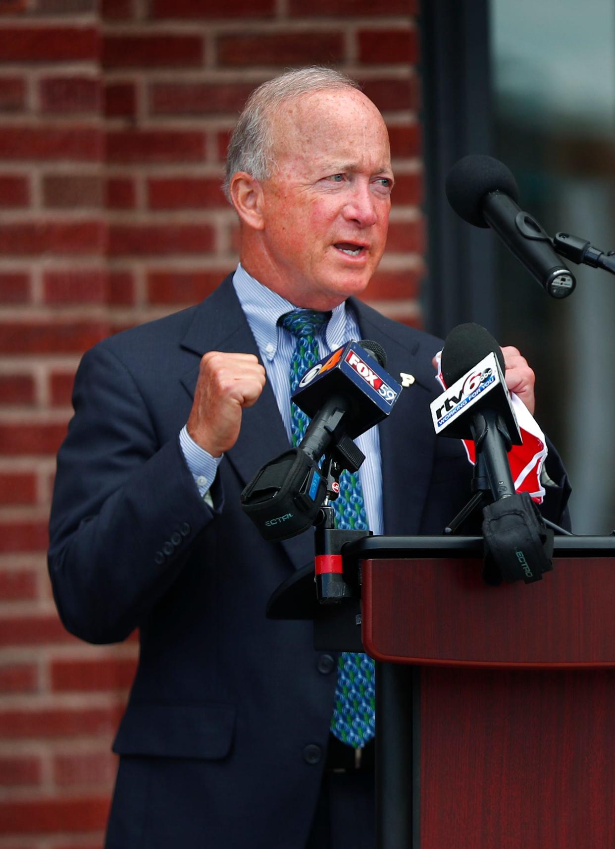 Purdue University President Mitch Daniels speaks during the grand opening of the new Purdue Polytechnic High School and Paramount Englewood in the P.R. Mallory Building at 3029 E. Washington St., Monday, July 20, 2020.