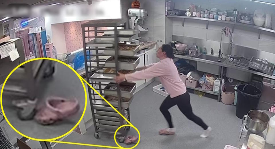 PIC FROM Kennedy News/@isabakes_ (PICTURED: Isabel Maidens' croc getting stuck under her food trolley) A baker blamed her CROCS for ruining her day's work - when one got jammed beneath a giant food trolley and sent all her cakes smashing on the floor. CCTV footage shows Isabel Maidens trying to lug a cart packed with brownies, s'mores and cookies in the kitchen at her bakery Isabakes in Rossendale, Lancashire, on September 23. One of her Crocs shoes gets jammed underneath a wheel, causing the trolley to jolt and send seven trays sliding off their shelves towards her. DISCLAIMER: While Kennedy News and Media uses its best endeavours to establish the copyright and authenticity of all pictures supplied, it accepts no liability for any damage, loss or legal action caused by the use of images supplied and the publication of images is solely at your discretion. SEE KENNEDY NEWS COPY - 0161 697 4266