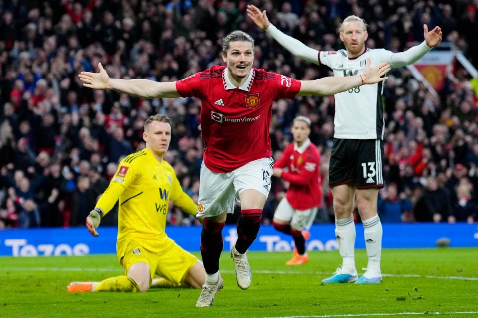 Marcel Sabitzer puts Man Utd ahead versus Fulham in FA Cup quarter-final (AP)