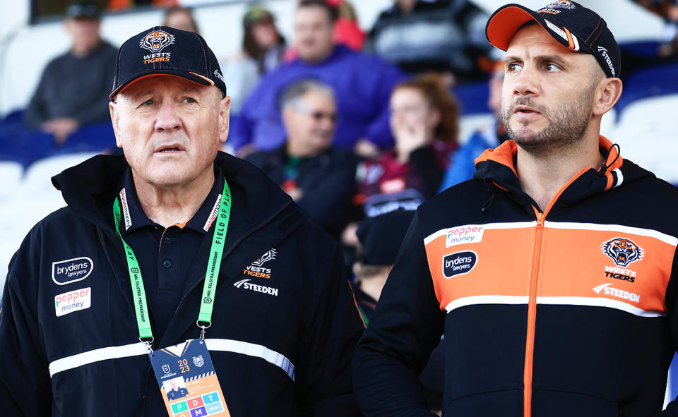 Tim Sheens, pictured here with assistant coach Robbie Farah during a Wests Tigers game.