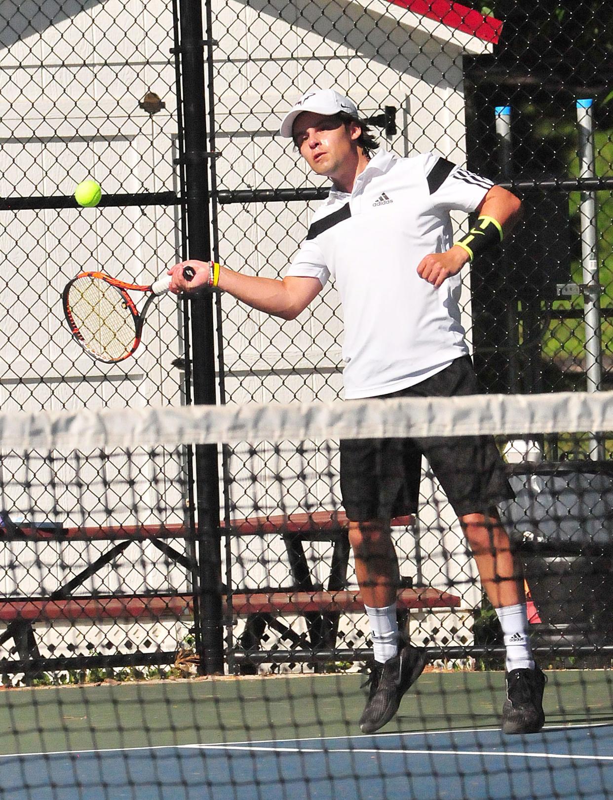Scott Frazee returns the ball during the Times-Gazette Tennis Open Saturday, June 25, 2022 at Brookside Park's tennis courts.