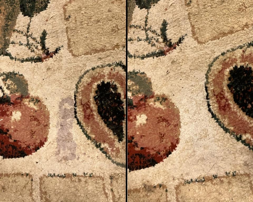 Before and after of grape juice on light beige area rug treated using Bisseel Pet Stain Eraser Duo portable carpet cleaner