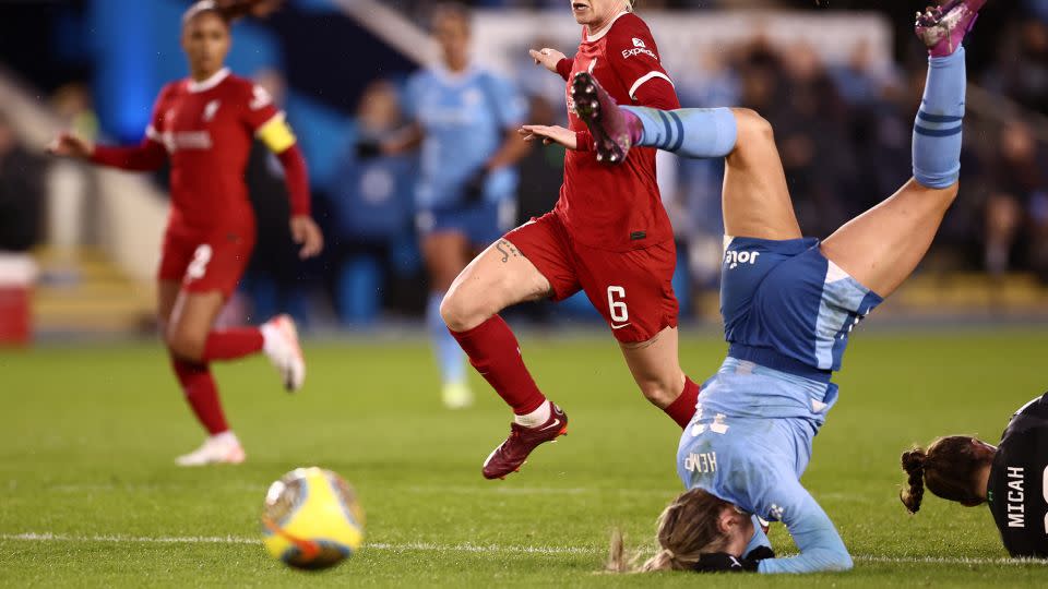 Manchester City forward Lauren Hemp goes down with an injury during the Barclays Women's Super League match against Liverpool FC on January 21. - Naomi Baker/Getty Images