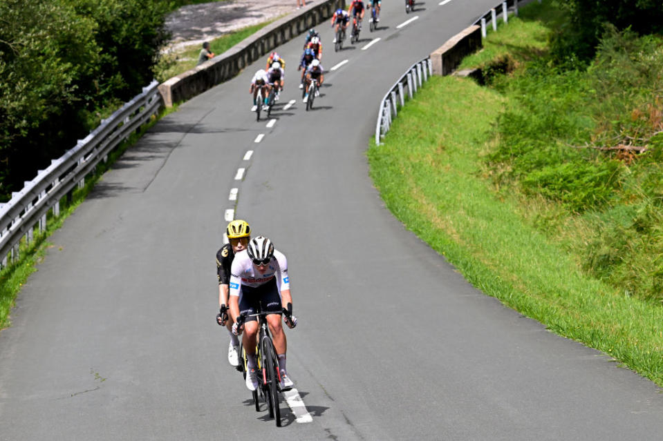 SAN SBASTIN SPAIN  JULY 02 LR Jonas Vingegaard of Denmark and Team JumboVisma and Tadej Pogacar of Slovenia and UAE Team Emirates  White Best Young Rider Jersey compete during the stage two of the 110th Tour de France 2023 a 2089km stage from VitoriaGasteiz to San Sbastin  UCIWT  on July 02 2023 in San Sbastin Spain Photo by Bernard Papon  PoolGetty Images