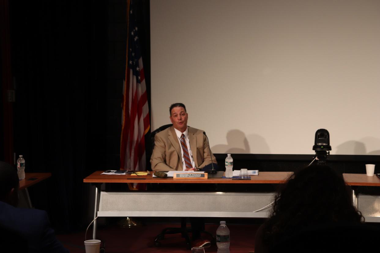 Brockton Superintendent Mike Thomas speaks at a School Committee meeting held at Brockton High on August 15, 2023, where the members discussed policy changes regarding cell phones and the district's dress code.