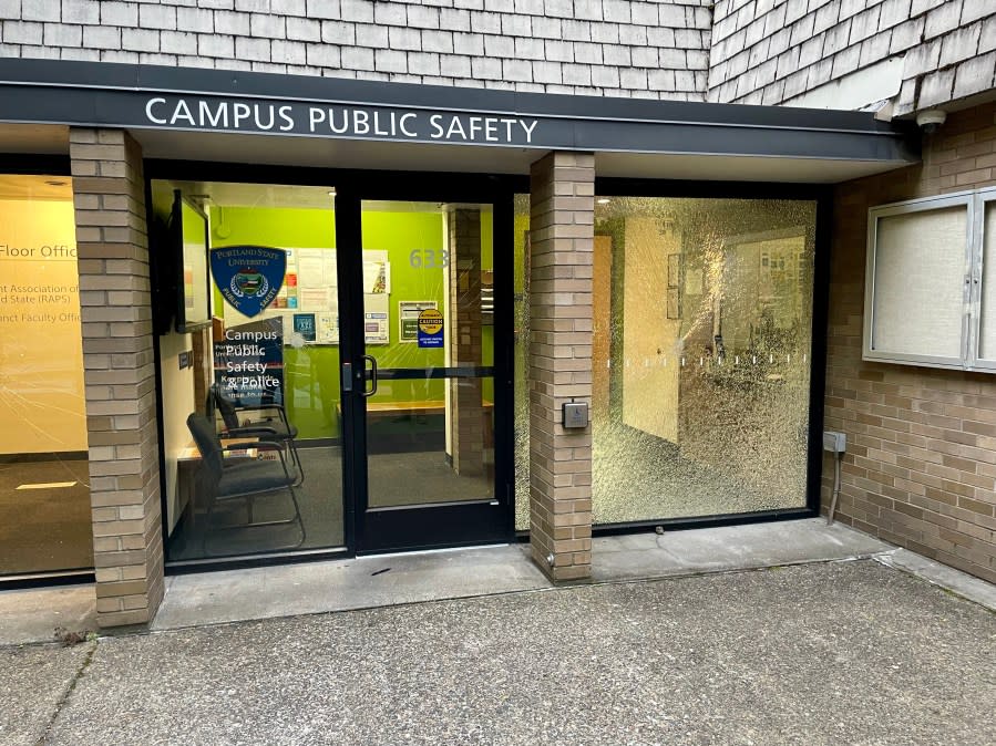 Broken window at PSU Campus Safety Office (KOIN)