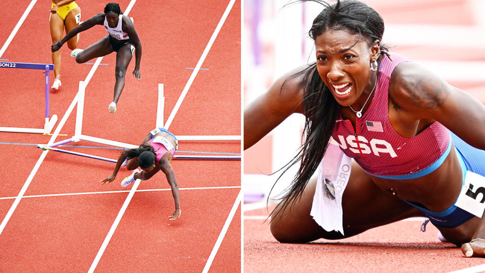 Nia Ali, pictured here after her fall in the heats of the 100m hurdles at the world championships. 