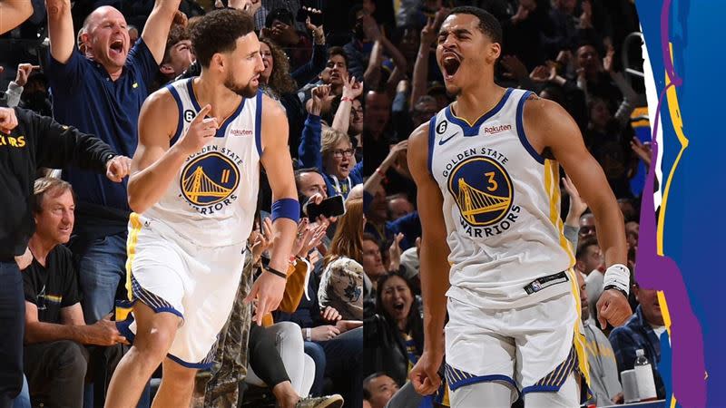 湯普森（Klay Thompson）、波爾（Jordan Poole）聯手飆12顆三分球。（圖／翻攝自勇士推特）