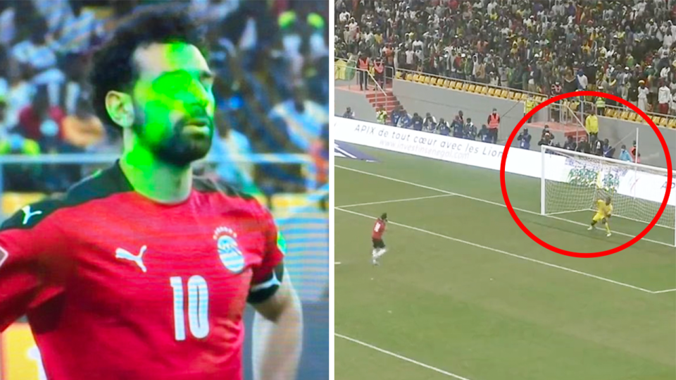 Mo Salah (pictured left) with lasers all over him and (pictured right) missing a penalty for Egypt.